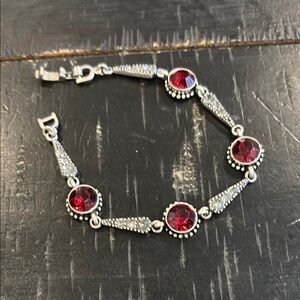 Silver Tome and Red Gemstone Bracelet